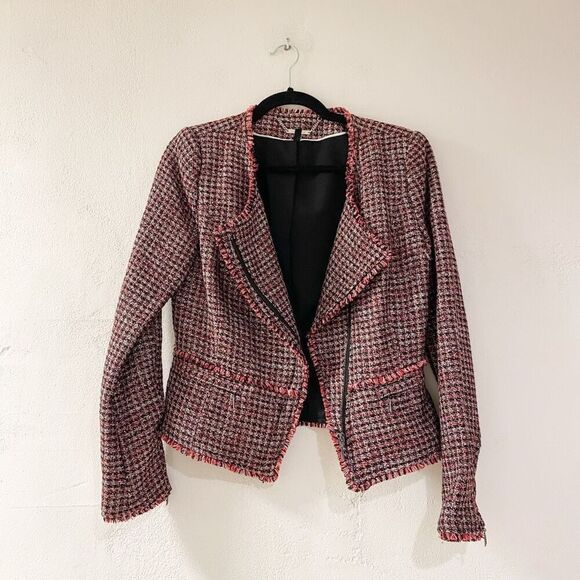WHBM Tweed Zip Blazer in Red Black Plaid Size 4 - Picture 1 of 7